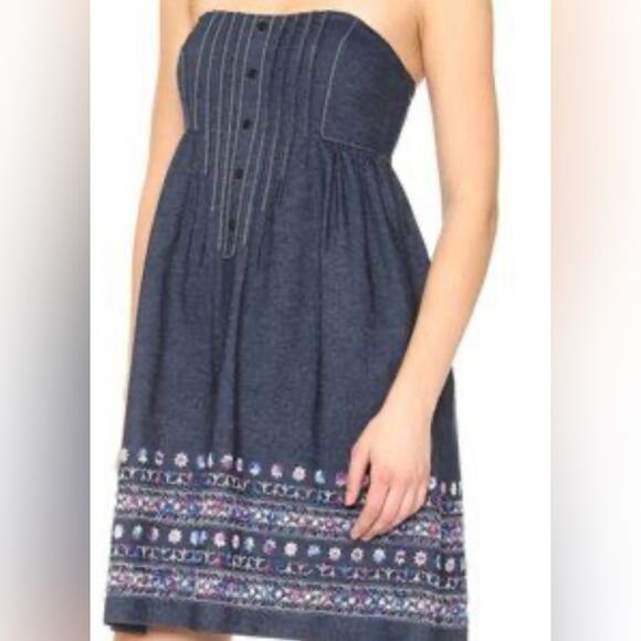 Anna Sui Corset Denim Embroidered‎ Mini Sundress Strapless- Sz 0 - Picture 2 of 12